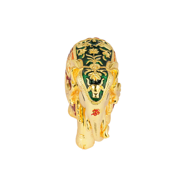 Royal Elephant Sculpture - 24K Gold Plated with Intricate Red & Green Accents (4.5 Inch)