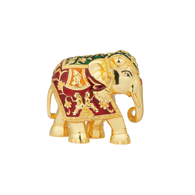 Royal Elephant Sculpture - 24K Gold Plated with Intricate Red & Green Accents (4.5 Inch)