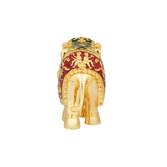 Royal Elephant Sculpture - 24K Gold Plated with Intricate Red & Green Accents (4.5 Inch)