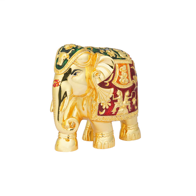 Royal Elephant Sculpture - 24K Gold Plated with Intricate Red & Green Accents (4.5 Inch)