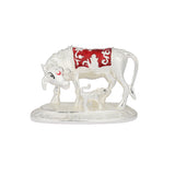 Kamdhenu Cow and Calf Sculpture - 999 Pure Silver Plated with Red Accents (3.5 Inch)