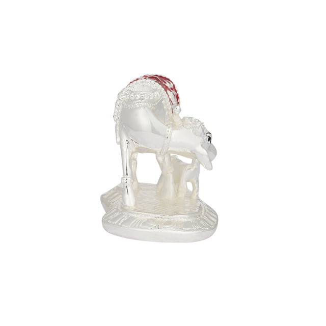 Kamdhenu Cow and Calf Sculpture - 999 Pure Silver Plated with Red Accents (3.5 Inch)