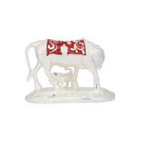 Kamdhenu Cow and Calf Sculpture - 999 Pure Silver Plated with Red Accents (3.5 Inch)