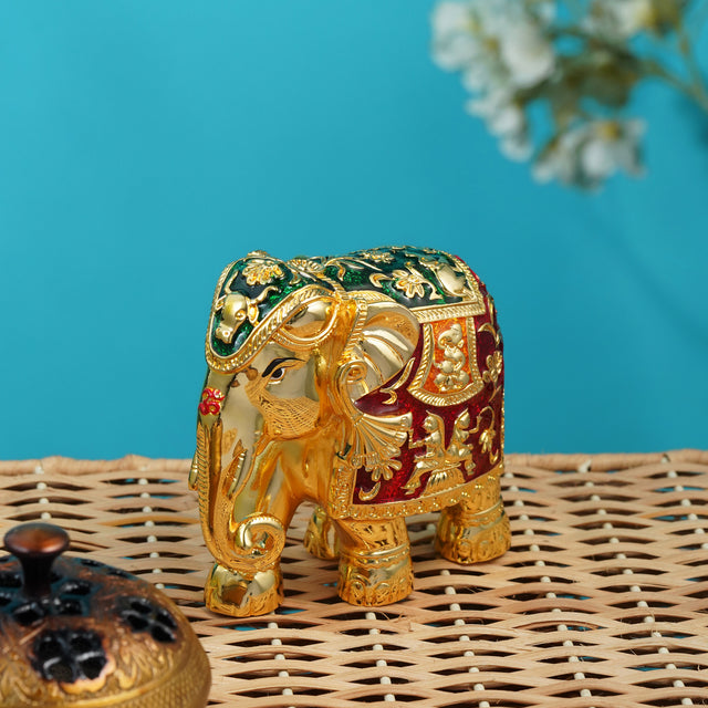 Royal Elephant Sculpture - 24K Gold Plated with Intricate Red & Green Accents (4.5 Inch)