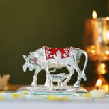 Kamdhenu Cow and Calf Sculpture - 999 Pure Silver Plated with Red Accents (3.5 Inch)