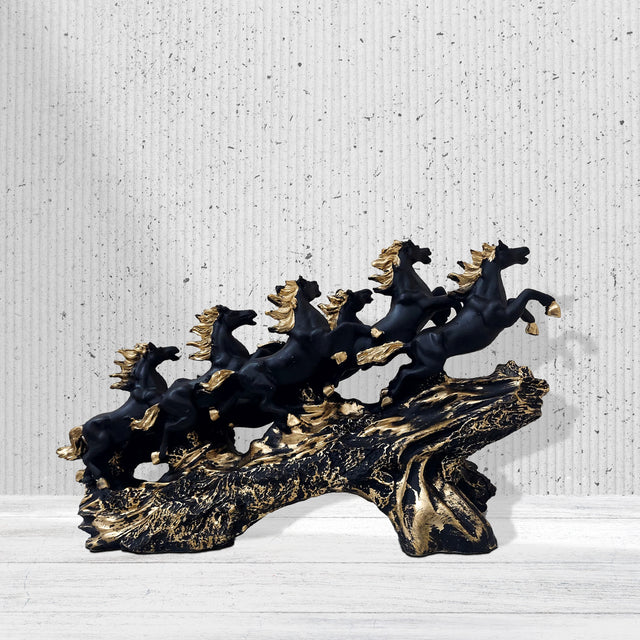 Eight Black Stallions with Golden Touch Sculpture