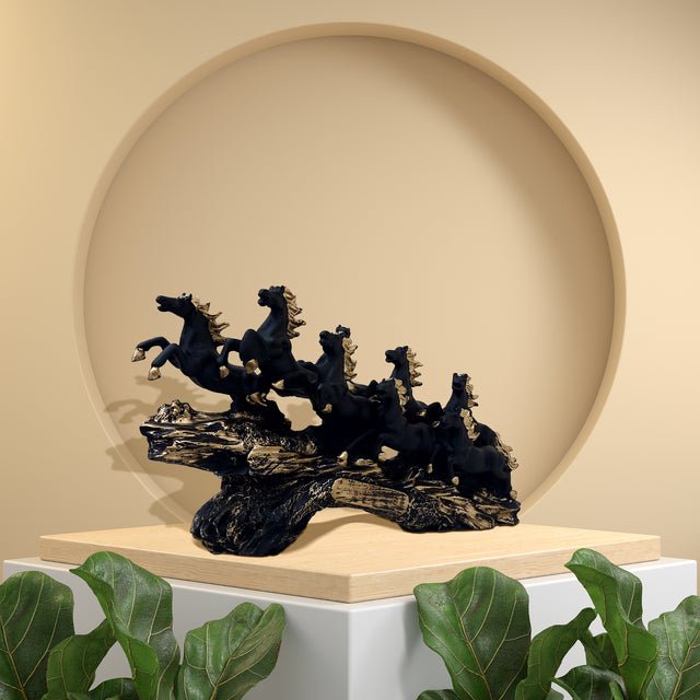 Eight Black Stallions with Golden Touch Sculpture