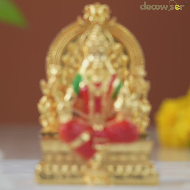 Divine Goddess Lakshmi Idol - 24K Gold Plated with Red & Green Attire